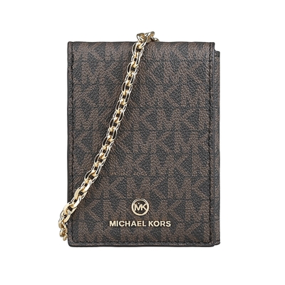 MK MICHAEL KORS Jet Set圓形立體LOGO印花PVC設計牛皮 6卡三折釦式鏈帶卡夾包(深棕x橡子棕)