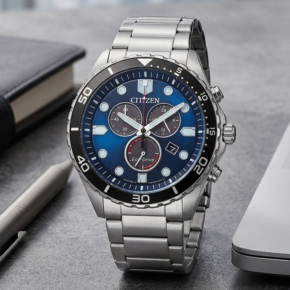 CITIZEN 星辰 Diver-Design 運動潛水風格 光動能三眼計時手錶 開學購物季 送禮首選-43mm AT2560-84L