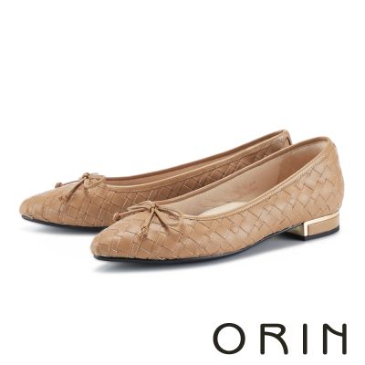 ORIN 甜美蝴蝶結編織羊皮尖頭低跟鞋 棕色
