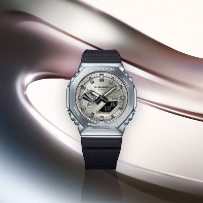 CASIO卡西歐 G-SHOCK 俐落時尚 金屬錶殼 八角形錶殼 百搭淺金黃 藍牙 太陽能電力 GBM-2100A-8B_44.4mm