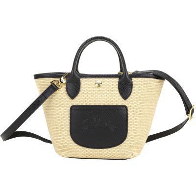 LONGCHAMP Le Panier Pliage XS 麥穗紋帆布奔馬壓紋牛皮斜背/提籃包(黑色)