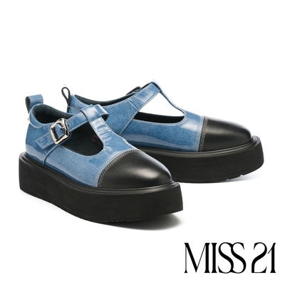 厚底鞋 MISS 21 復古少女丹寧拼接T字帶魔鬼氈瑪莉珍厚底鞋-藍