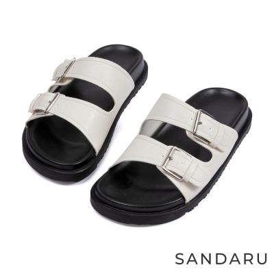 山打努SANDARU-拖鞋 皮帶雙帶設計平底拖鞋-杏
