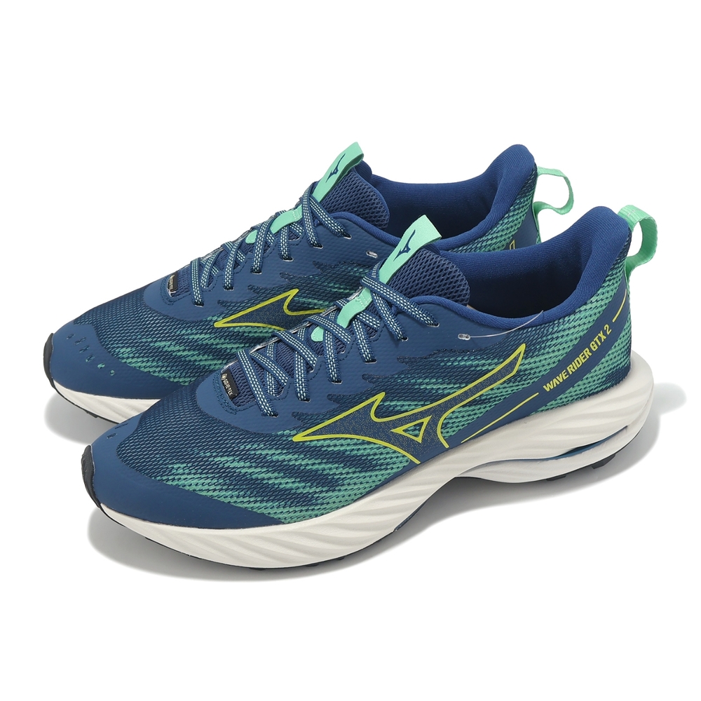Mizuno 慢跑鞋Wave Rider GTX 2 男鞋藍綠防水支撐波浪片支撐運動鞋