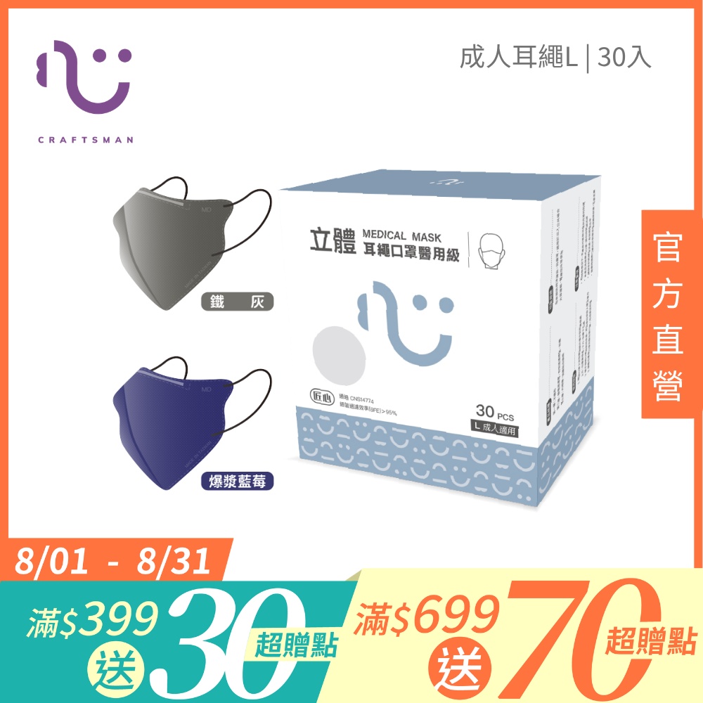 【匠心】立體醫用口罩,耳繩款,L尺寸 爆漿藍莓x鐵灰 30入/盒 (一般成人適用)