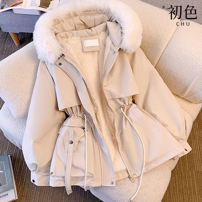 初色 韓系純色科技保暖纖維服加絨厚皮連帽口袋收腰長袖外套女外套-共4色-39171(M-3XL可選)