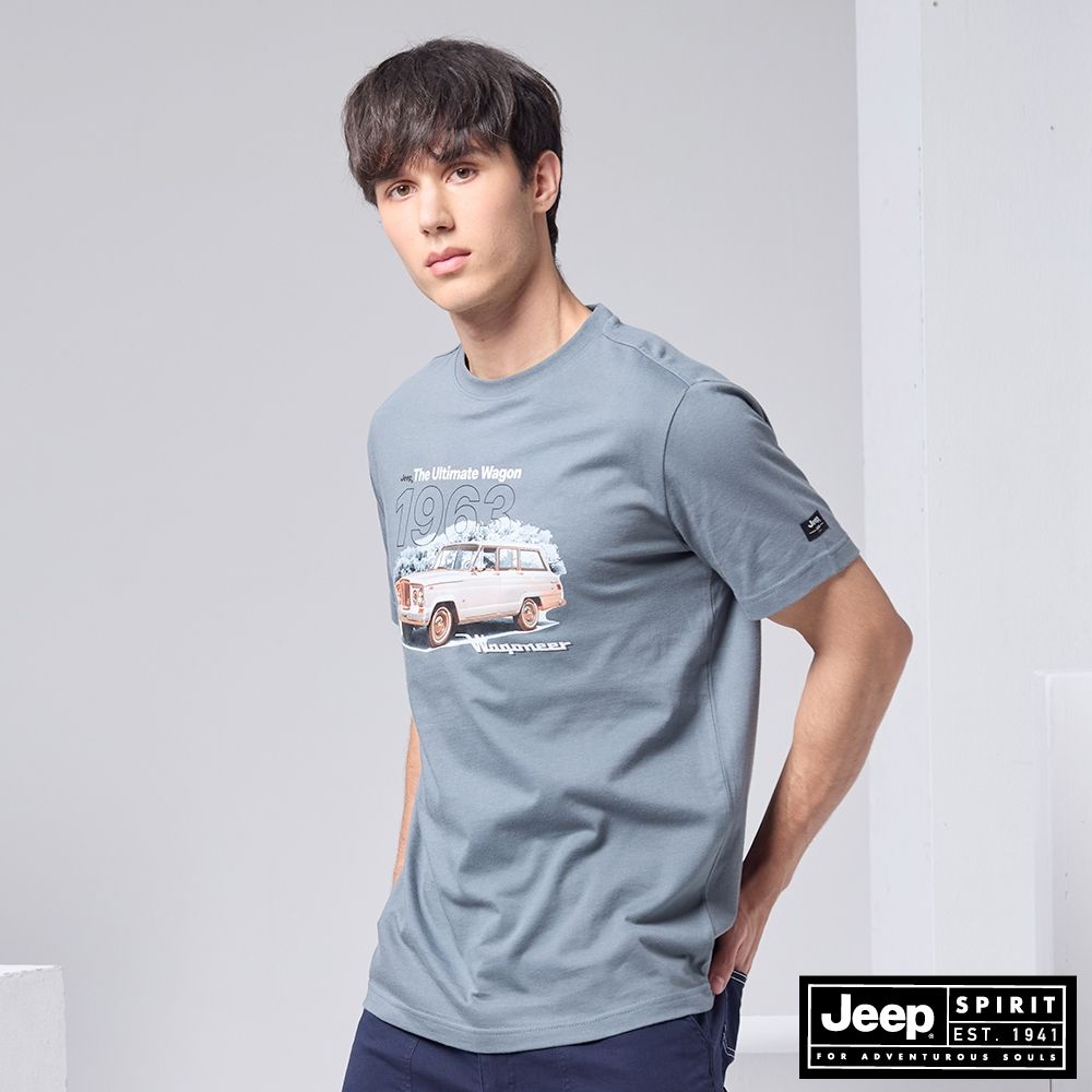 JEEP 男裝 復古車款印花短袖T恤-灰藍色