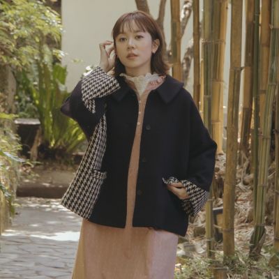 【MOSS CLUB】日本羊毛呢千鳥拼接襯衫領外套 黑