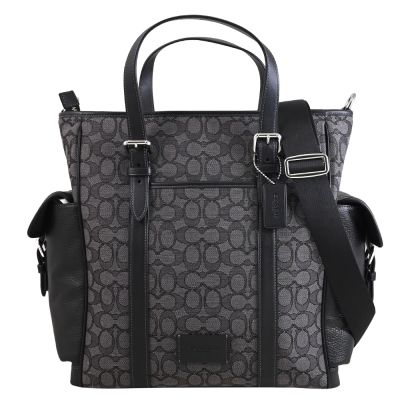 COACH 滿版印花LOGO緹花布直式兩用托特包(黑灰)