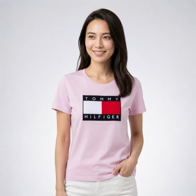 TOMMY 熱銷刺繡大Logo圖案短袖T恤(女)-粉色