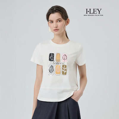 ILEY伊蕾 銀邊枝葉膠印圖案縲縈上衣(白；M-XL)