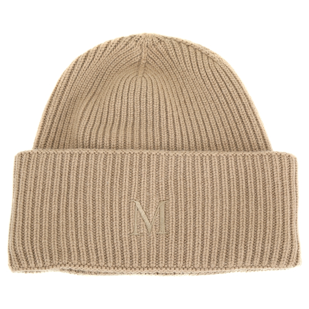 Max Mara RETINA 100%喀什米爾M字刺繡反摺針織羊毛帽(駝色)