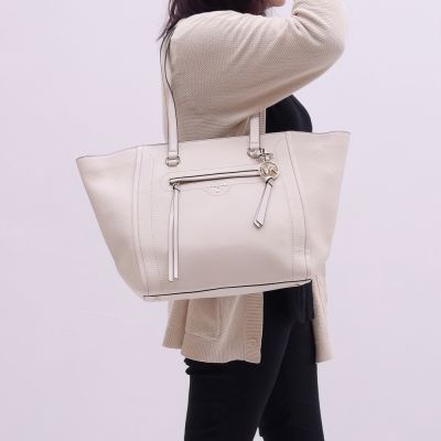 MICHAEL KORS CARINE 經典荔枝皮革肩背拉鍊大容量托特包(白)
