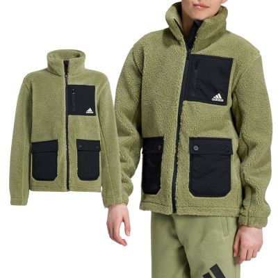 Adidas J SHERPA JKT 大童 童裝 綠黑色 立領 寬鬆 反光 抓毛絨 運動 外套 IY6913