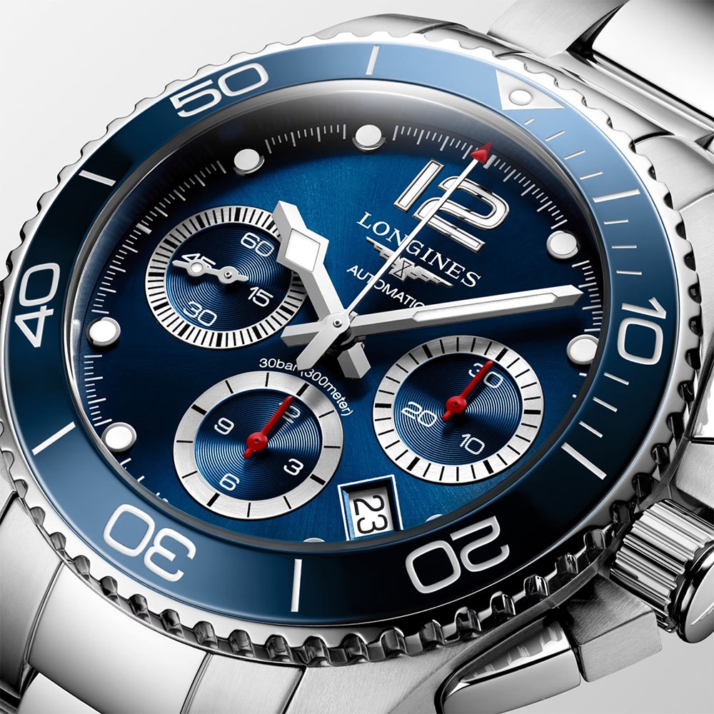 LONGINES 浪琴官方授權深海征服者浪鬼陶瓷計時潛水機械錶-藍x銀/41mm