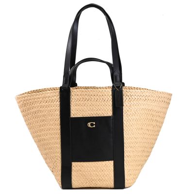 COACH Pocket C字LOGO草編手提肩背托特包(卡其/黑)