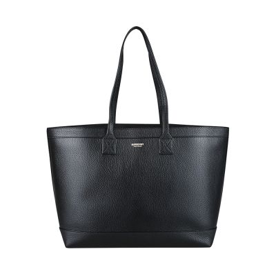 BURBERRY經典燙金Logo格紋內襯素色粒面小牛皮肩背包托特包(大/黑x格紋)