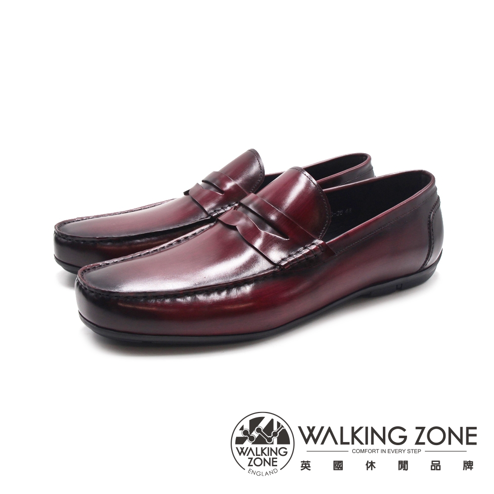 WALKING ZONE(男)圓頭軟彈力舒適樂福皮鞋 男鞋-酒紅色