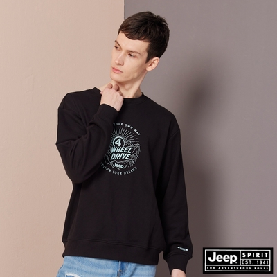 JEEP 男裝 Outdoor山系刺繡大學T-黑色