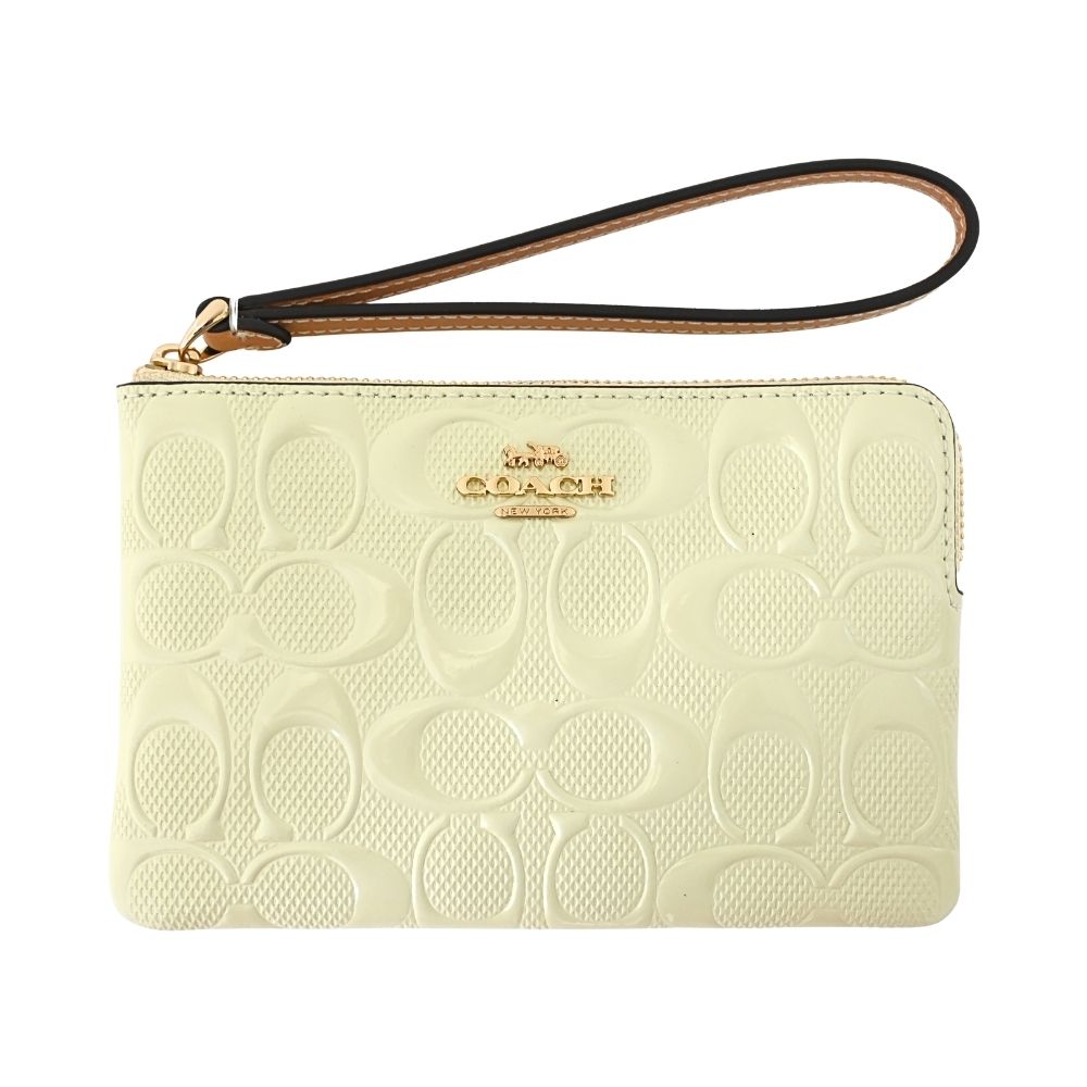 COACH 淺檸檬色漆皮浮雕C LOGO拉鍊萬用手拿包