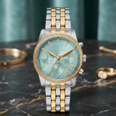 Michael Kors MK Bryant Pave 晶鑽三眼計時女錶 周年慶獻禮 送禮推薦-湖水藍/35mm MK7582