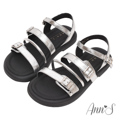 Ann’S防潑水爽膚皮-粗細交錯層次輕量寬版平底涼鞋2cm-銀