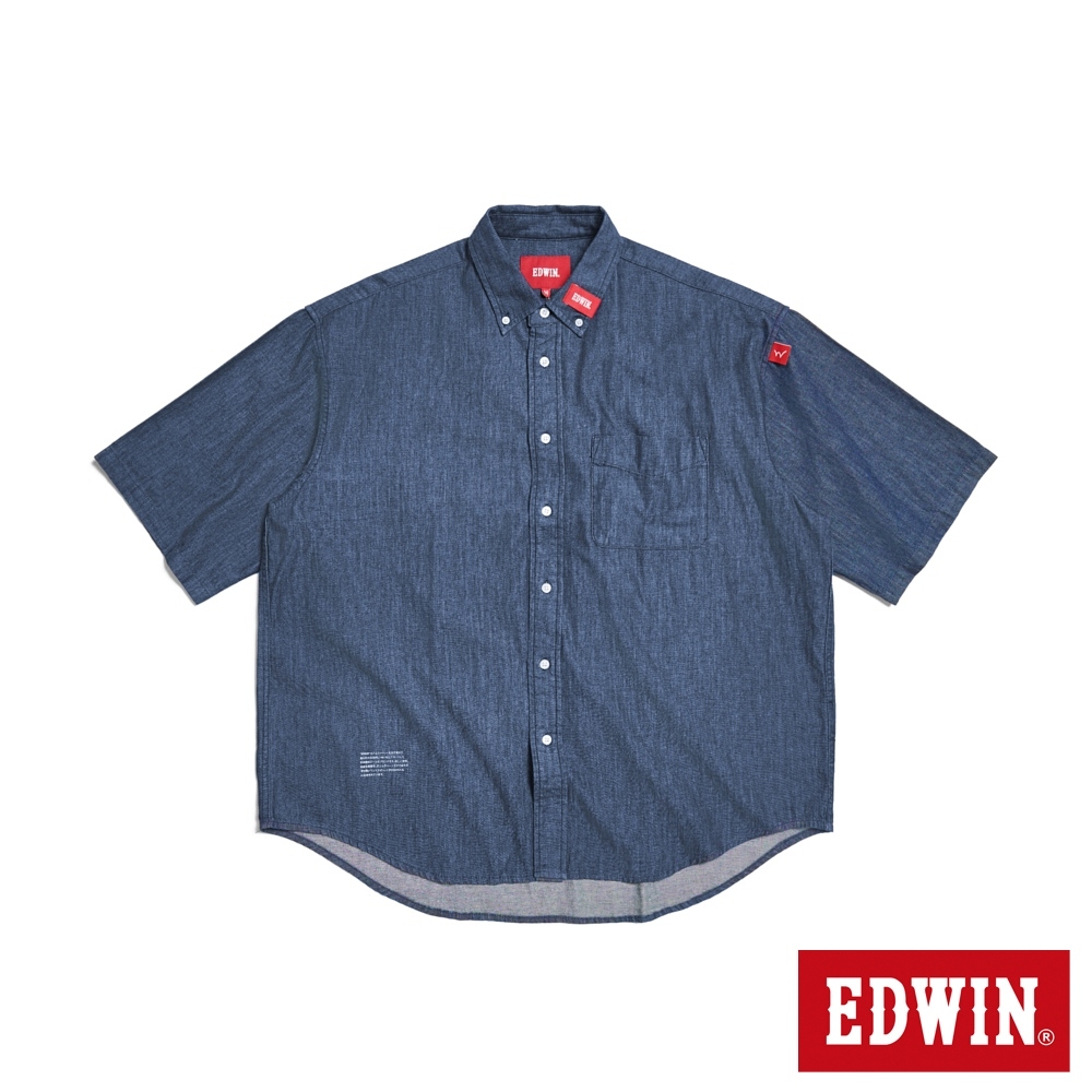 EDWIN 男裝 超寬牛仔短袖襯衫-原藍色