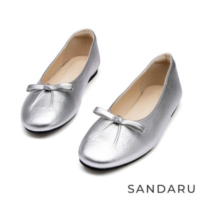 山打努SANDARU-娃娃鞋 法式壓褶蝶結芭蕾平底鞋-銀