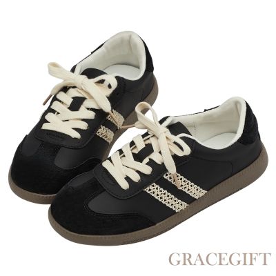 【Grace Gift】復古摩登真皮拼接薄底德訓鞋(附柔光紗帶) 黑
