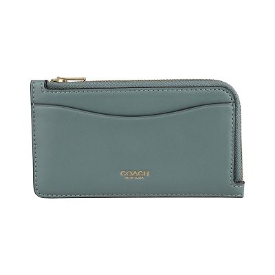 COACH 字母燙金LOGO光滑皮革L型拉鍊零錢卡夾(鼠尾草綠)