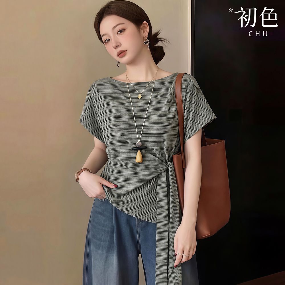初色 韓系鬆弛感修身顯瘦條紋腰部綁帶一字領短袖T恤上衣女上衣-共4色-52019(M-2XL可選)