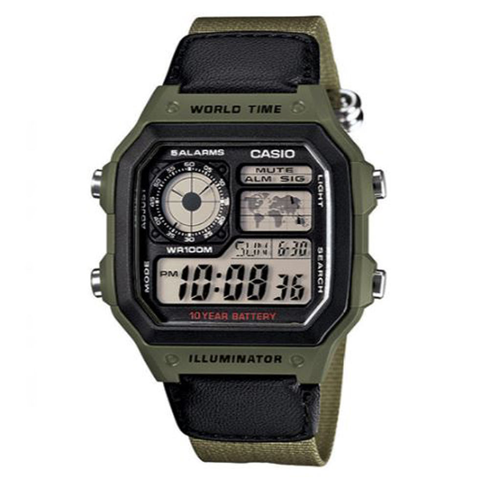 CASIO 經典地圖設計帆布材質數位休閒錶(AE-1200WHB-3B)綠/45mm / 考試錶