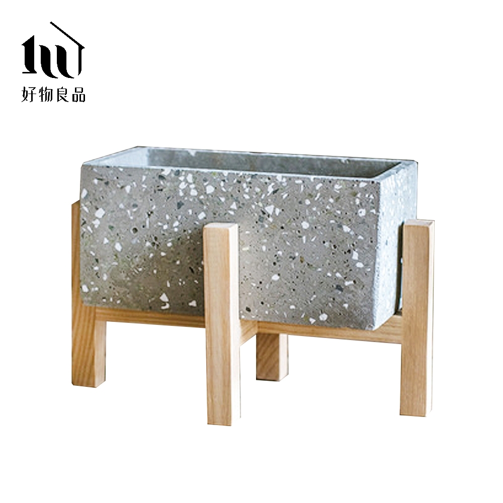 好物良品】長形水磨石手作水泥盆栽花盆花器(附十字花架｜陽台