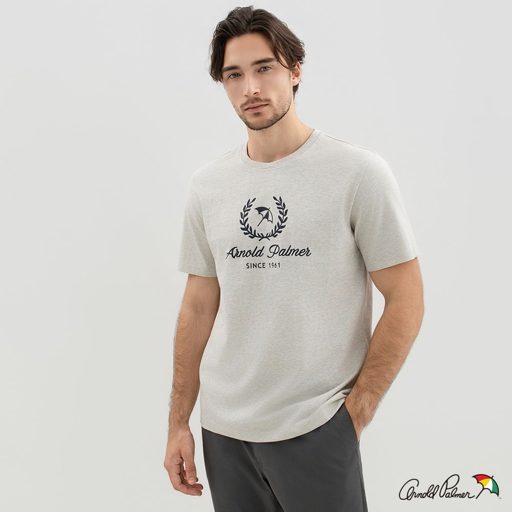 Arnold Palmer 男裝-學院風LOGO印花短袖T-Shirt-花紗灰