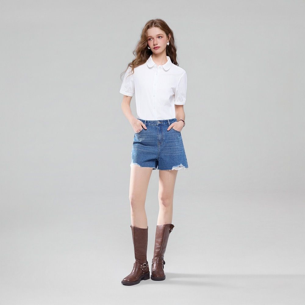 GIORDANO 女裝磨邊抽鬚牛仔短褲 - 83 中藍