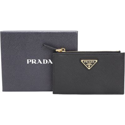 PRADA 普拉達 Saffiano 三角牌防刮牛皮卡片夾/零錢包(黑色)