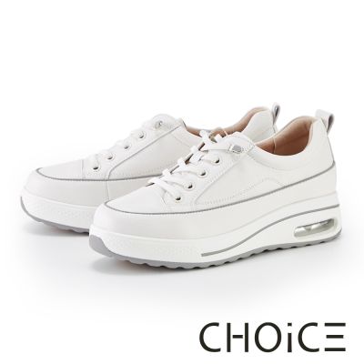 CHOiCE 牛皮免綁帶輕量氣墊厚底休閒鞋 白色