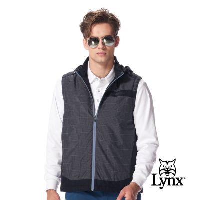 【Lynx Golf】男款遠紅外線保暖3M反光紗格紋立領連帽背心-黑色