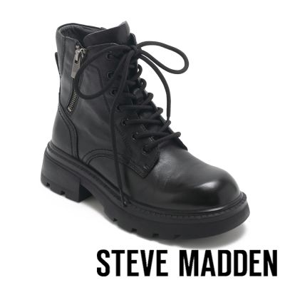 STEVE MADDEN-帥氣素面綁帶圓頭短靴 TWTWZONA-黑色