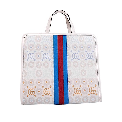 GUCCI 童趣藍紅藍織帶托特包(白色)