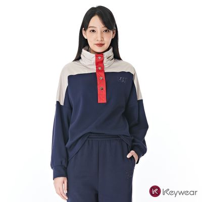 KeyWear奇威名品 撞色拼接半開襟長袖連帽上衣-深藍色