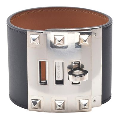 HERMES 經典Kelly Dog Extreme牛皮鉚釘轉釦寬版手環(黑/銀)