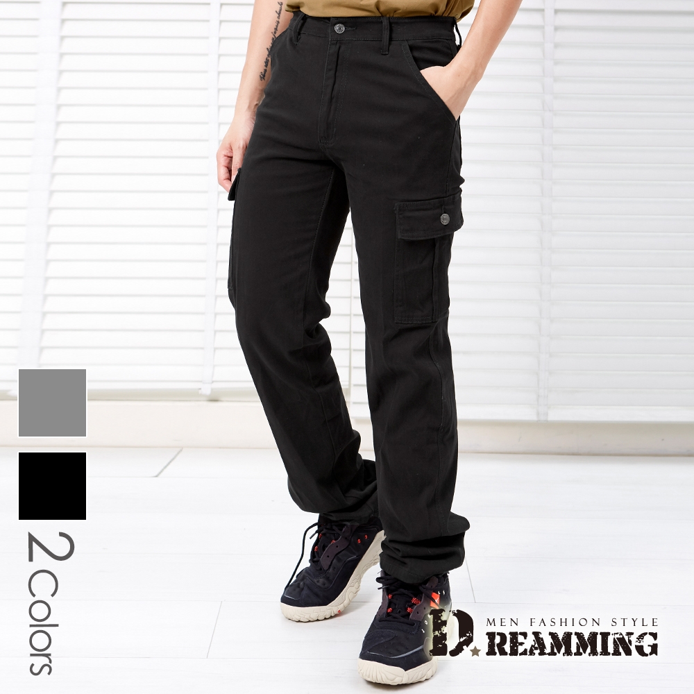 Dreamming 簡約素色高彈多口袋工裝長褲 工作褲 中直筒-共二色 (黑色)