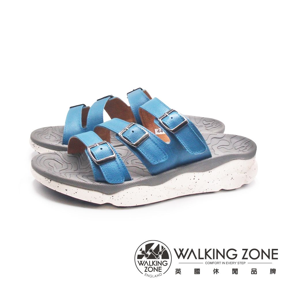 WALKING ZONE(男)三帶皮釦增高厚底拖鞋 男鞋-亮藍色