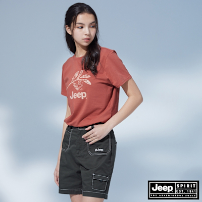JEEP 女裝 壓線剪裁多口袋短褲-綠色