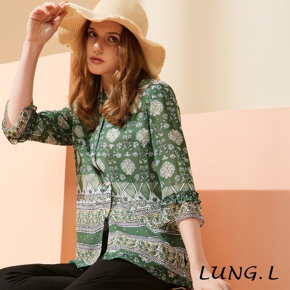 LUNG.L林佳樺 綠色高雅印花前開襟雪紡七分袖女裝上衣 LU31A