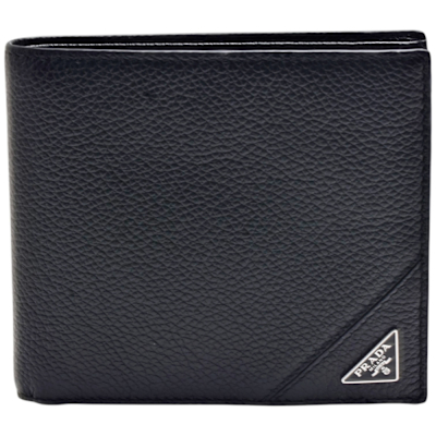 PRADA 經典三角LOGO粒紋牛皮摺疊零錢袋短夾(黑色)