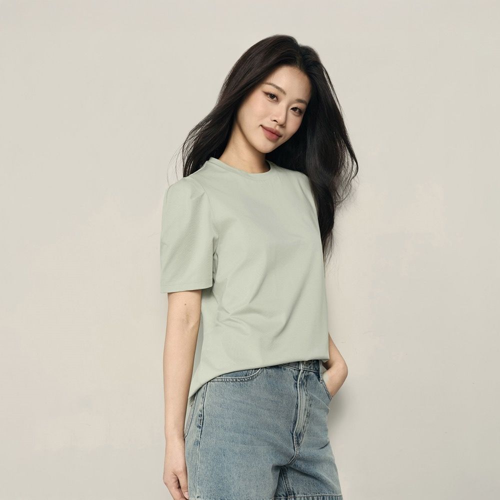 GIORDANO 韓國同款 女裝Sorona圓領泡泡袖短袖T恤【多色任選】 (18 水灰綠)