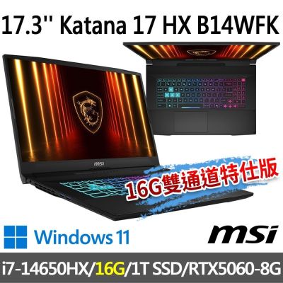 (送500G行動碟)MSI微星 Katana 17 HX B14WFK-203TW 17.3吋電競筆電(i7-14650HX/16G/1T SSD/RTX5060-8G/W11-16G雙通道特仕版)