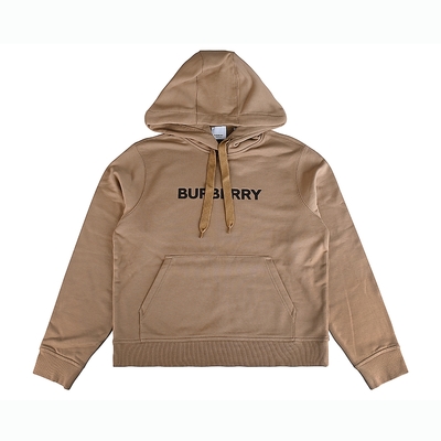 BURBERRY 巴寶莉 壓印黑字LOGO棉質長袖抽繩連帽T恤(女款/駝棕)